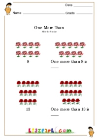 One more than 8 and 13, Lower and Upper Kindergarten worksheets