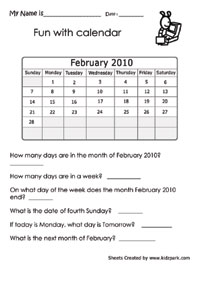 Calendar 2010 Worksheets,Reading a Calendar Worksheet,Teachers Printables