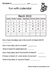 Teach How Many Days Are There In A Week,Calendar 2010 Worksheets