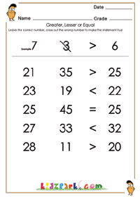 More Than Than Less Than Worksheet For Grade 1, Maths Worksheets For