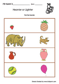 Heavier or Lighter Worksheets, Activity Sheets for Kids, Kindergarten