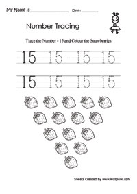 Color The Strawberries And Trace Number 15 Worksheet,Play School
