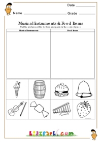 Musical Instruments and food items Worksheet,EVS Worksheets,Kids